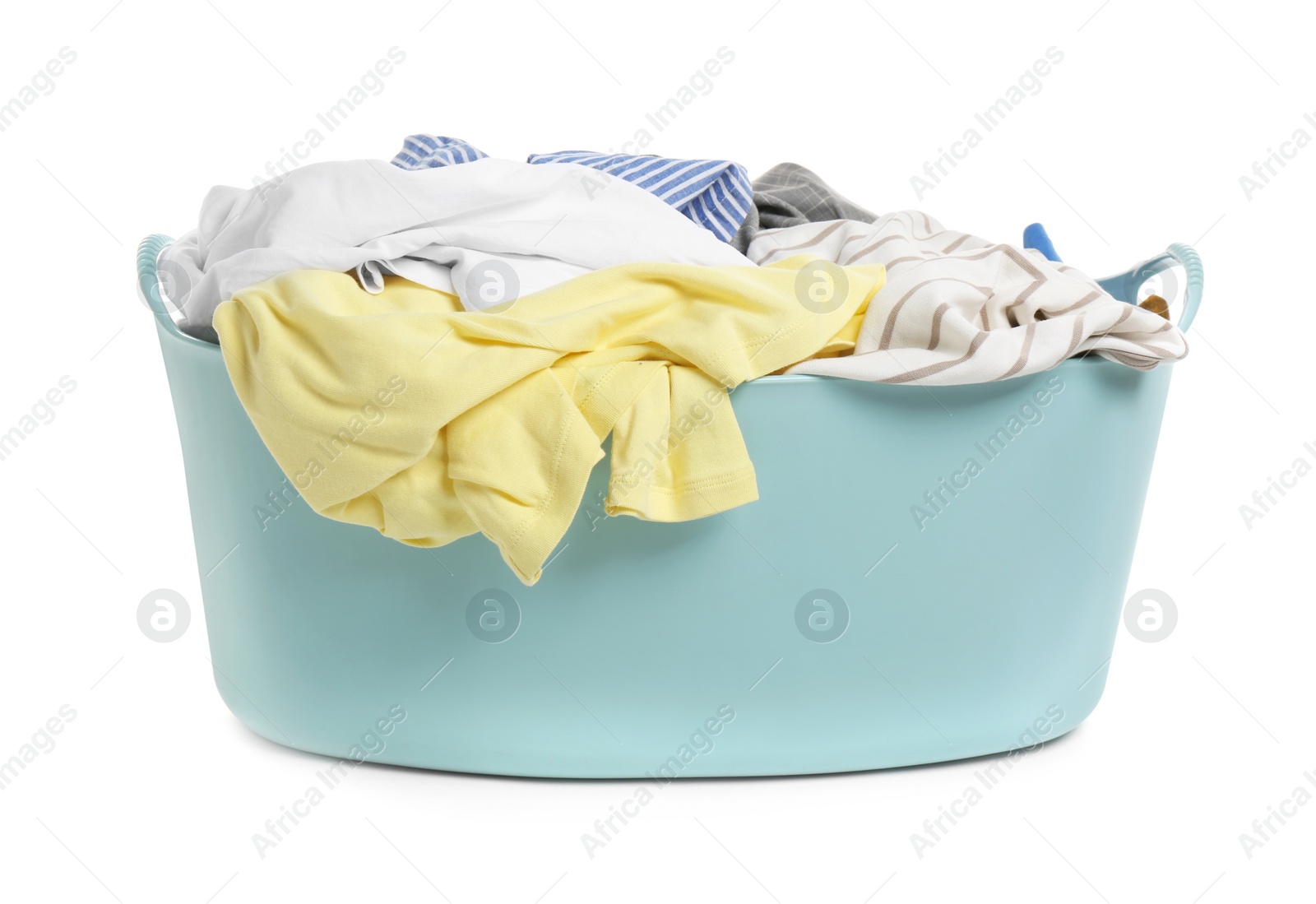 Photo of Plastic laundry basket full of clothes isolated on white