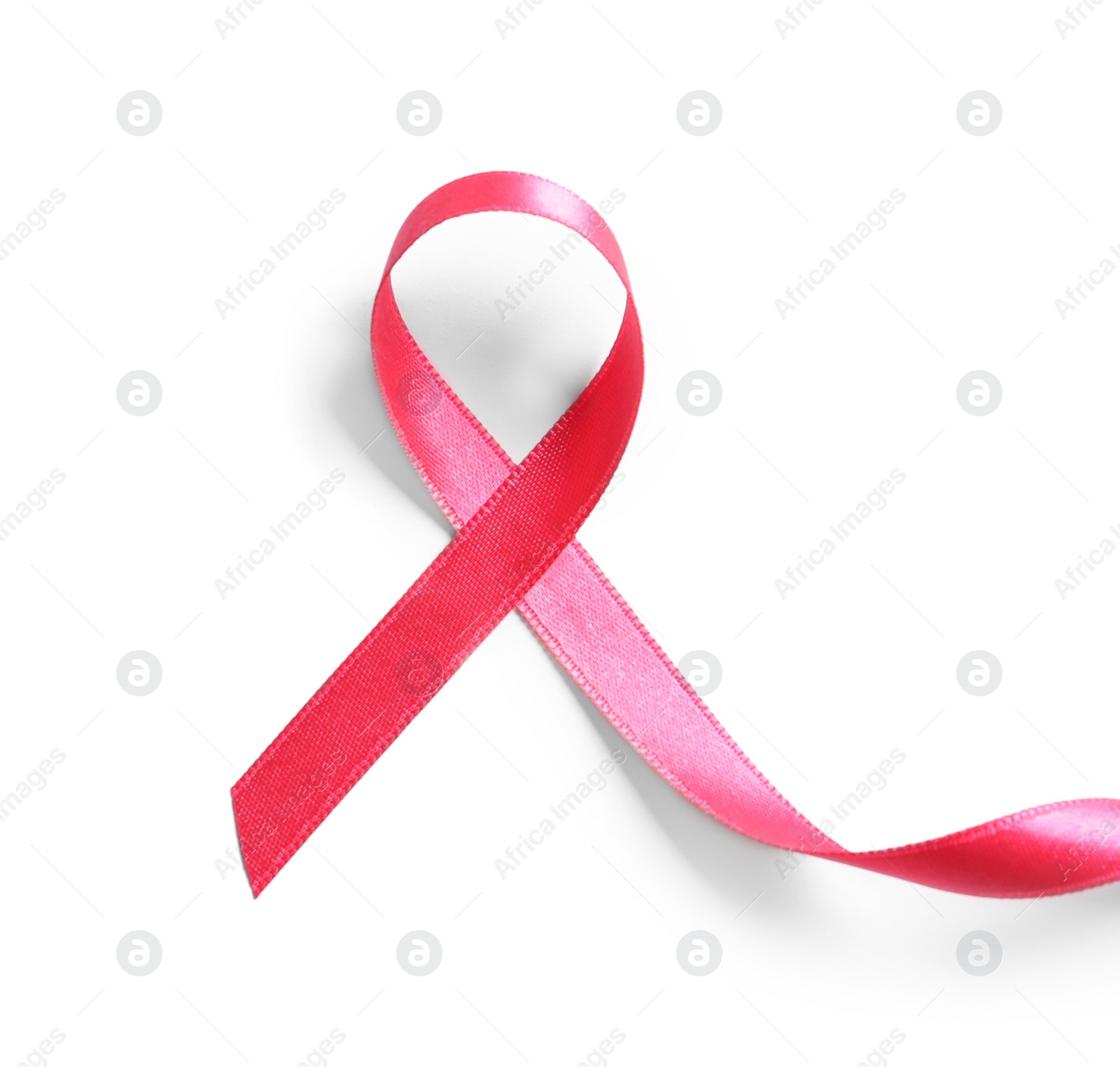 Photo of Pink ribbon on white background, top view. Cancer awareness