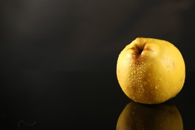 Photo of Tasty ripe quince with water drops on black mirror surface, space for text