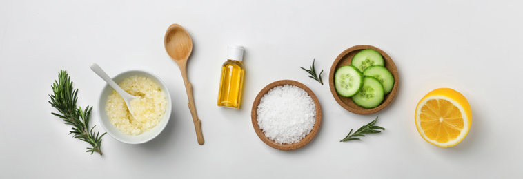 Image of Fresh ingredients for homemade cosmetic product on white background, flat lay. Banner design