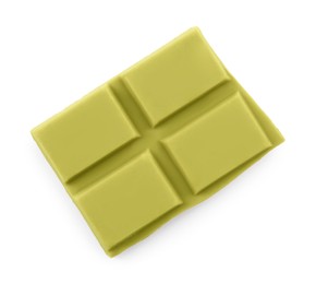 Piece of tasty matcha chocolate bar isolated on white, top view