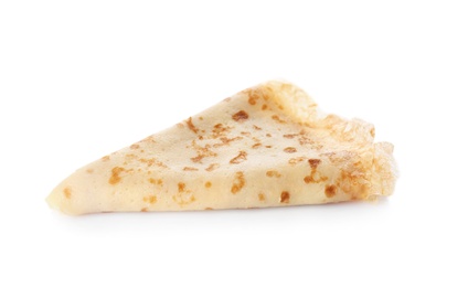Photo of Tasty thin folded pancake on white background