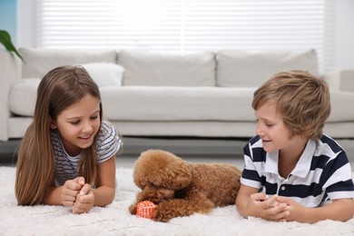 Little children and cute puppy on carpet at home. Lovely pet