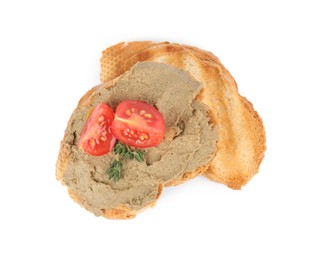 Photo of Slices of bread with tasty liver pate and tomato on white background, top view