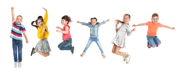 Image of Collage of emotional children jumping on white background. Banner design