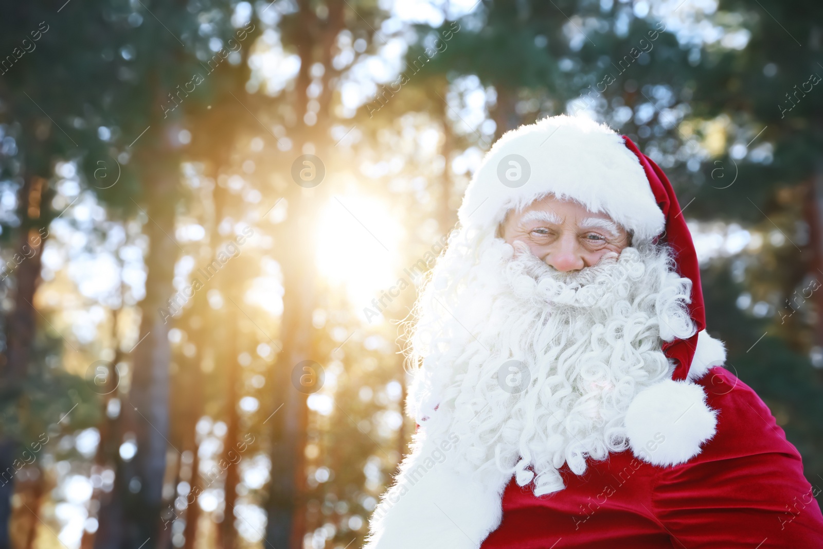 Photo of Happy Authentic Santa Claus outdoors, space for text