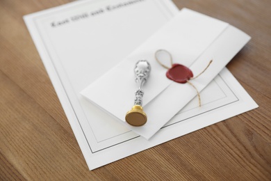 Photo of Vintage notary stamp and documents on desk, closeup