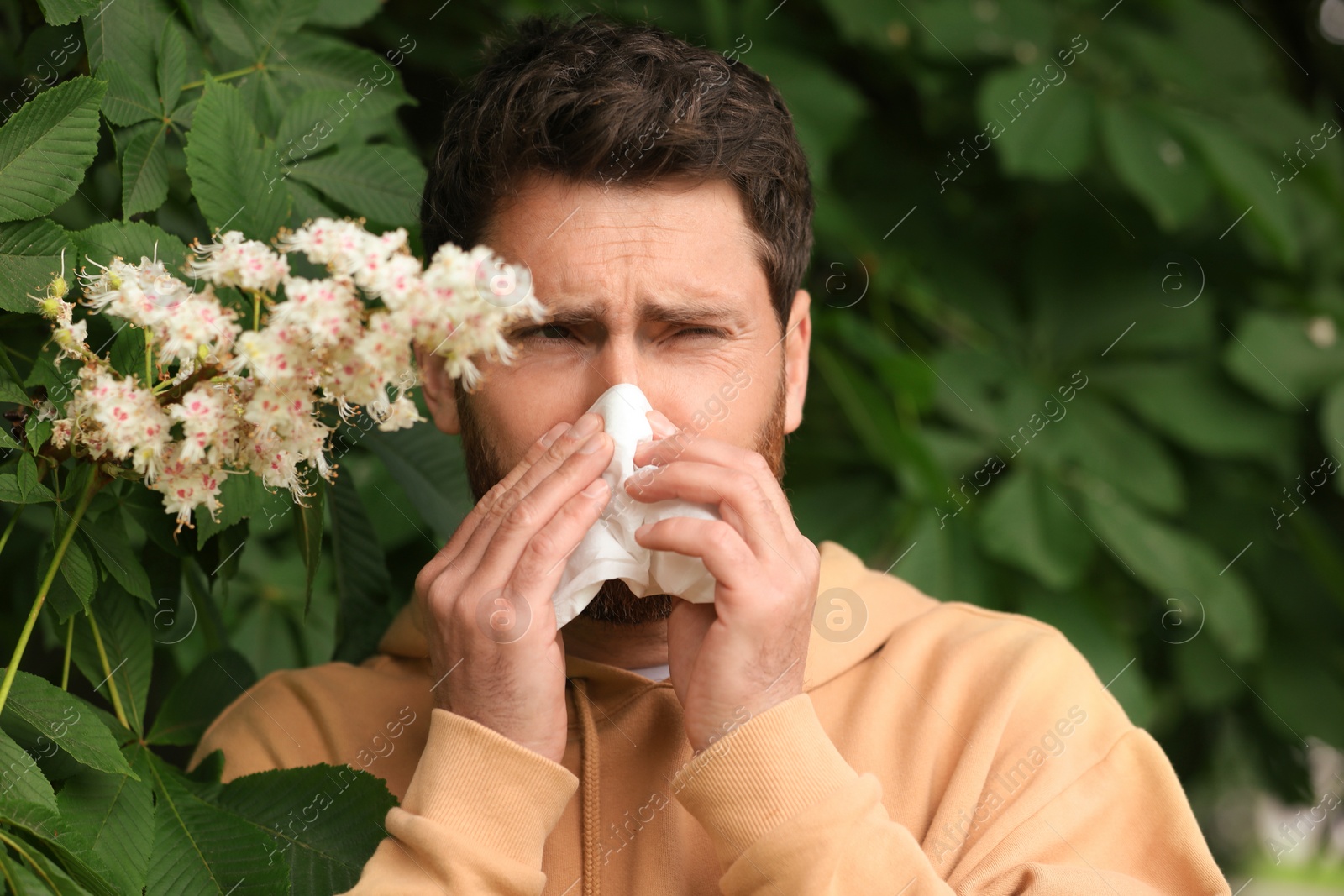 Photo of Man suffering from seasonal spring allergy near tree in park