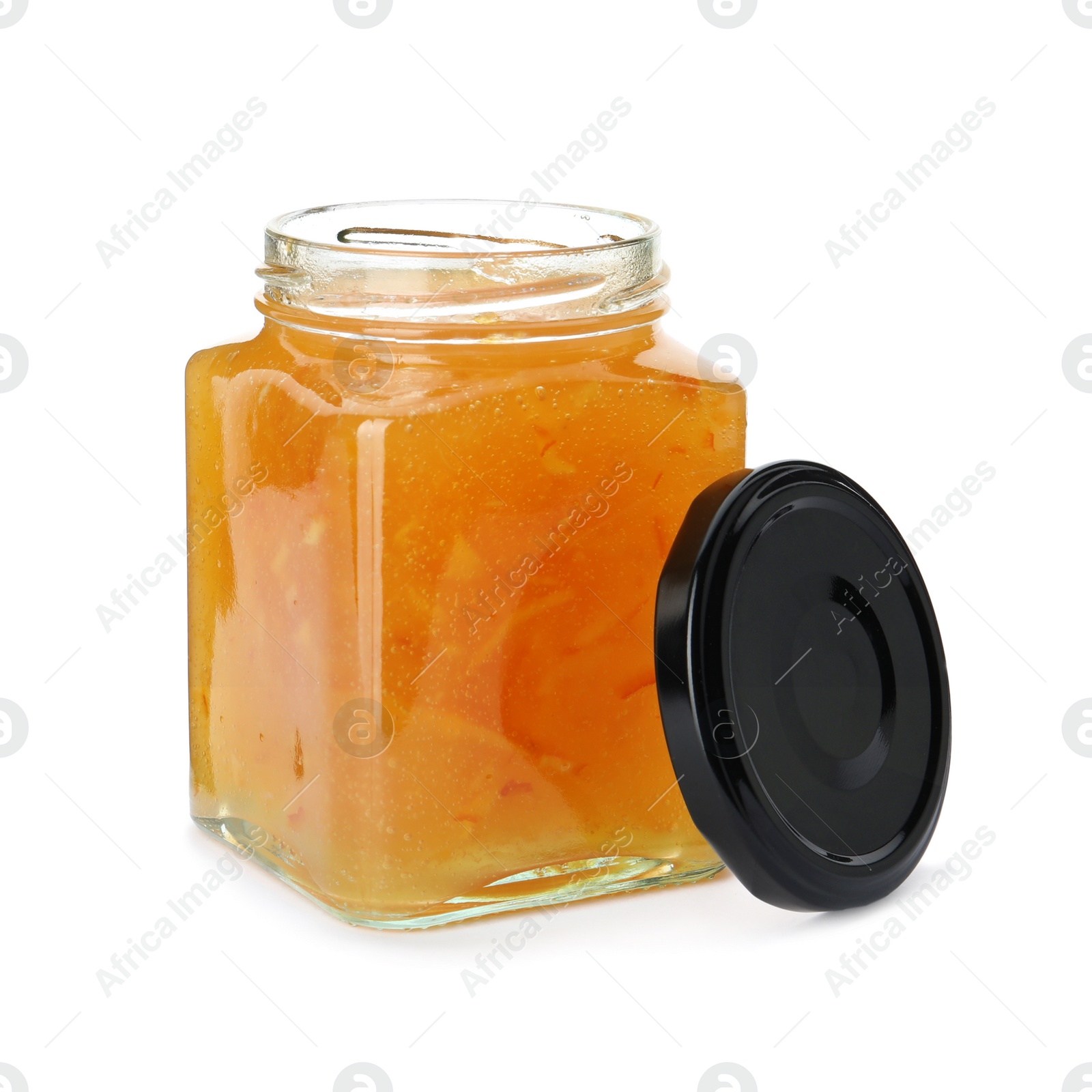 Photo of Delicious orange marmalade in jar on white background