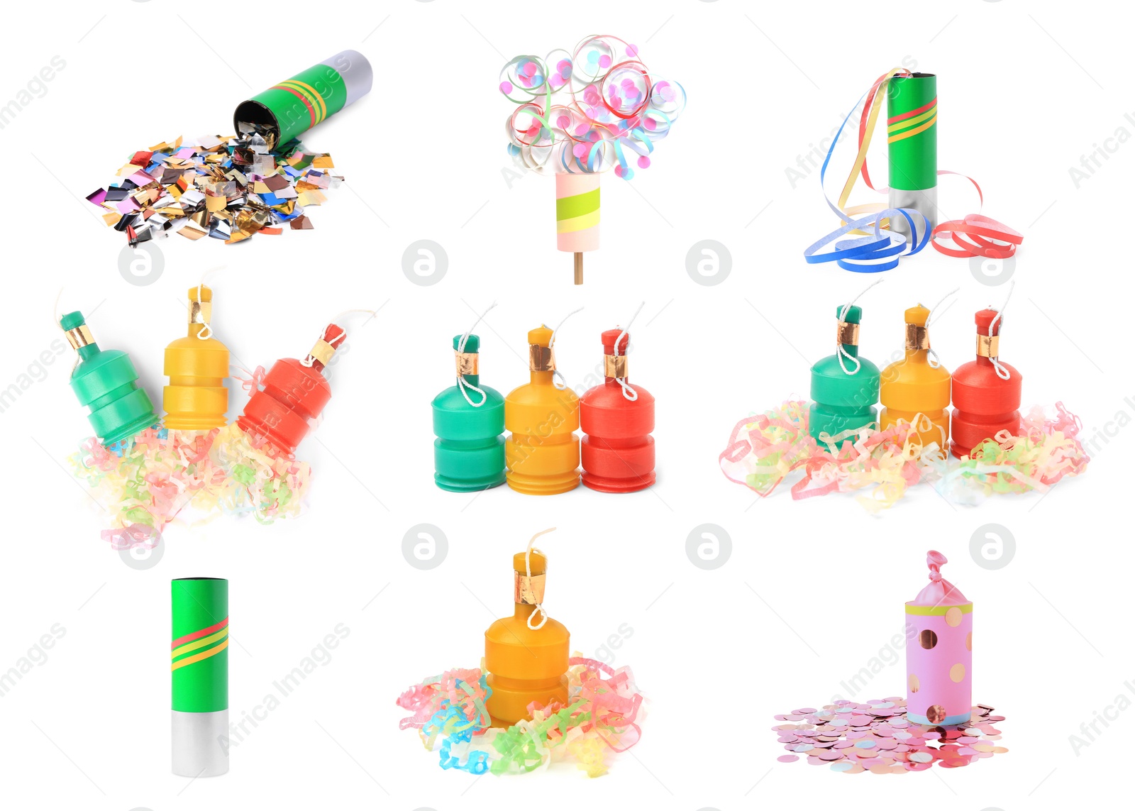 Image of Collage with party poppers isolated on white