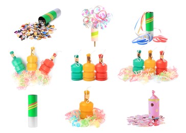 Image of Collage with party poppers isolated on white