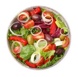 Photo of Bowl of tasty salad with leek and olives isolated on white, top view