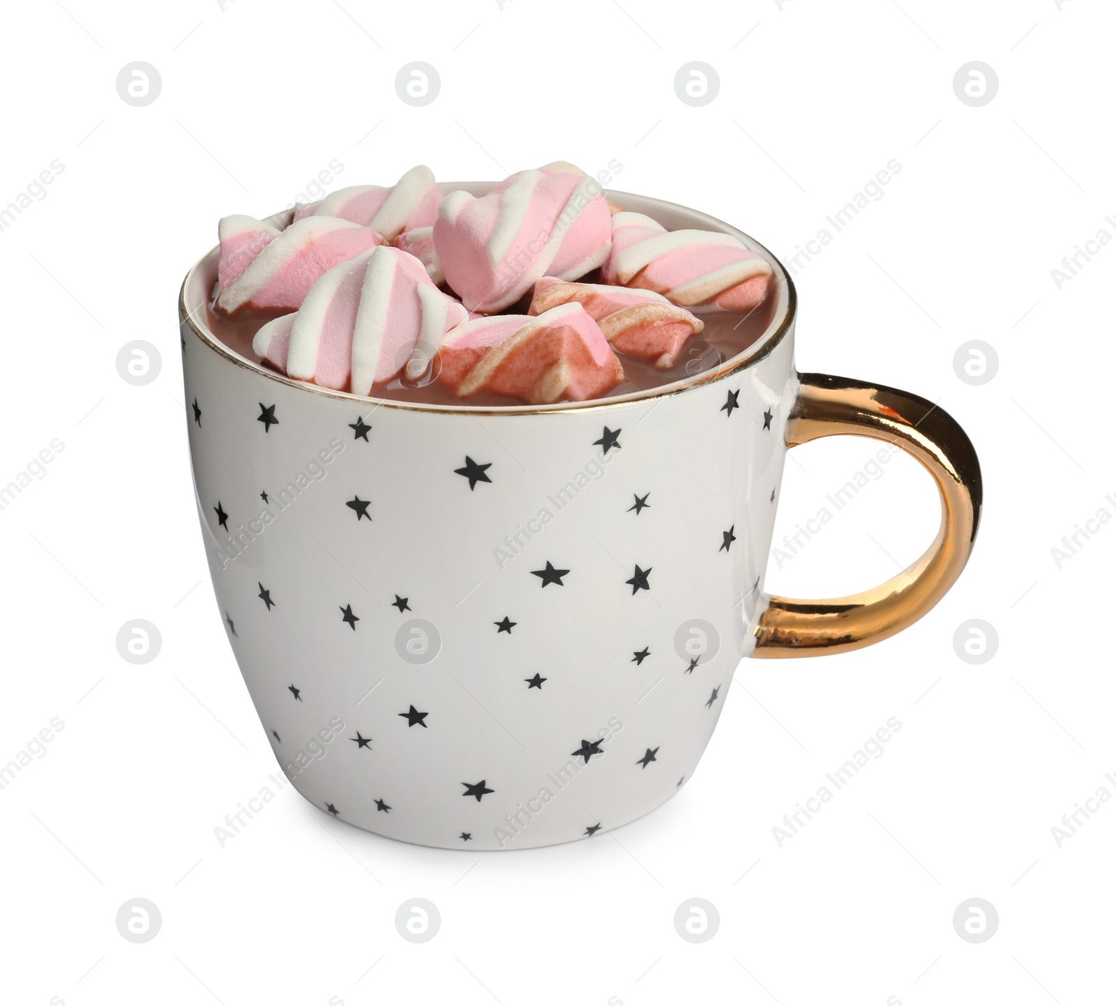 Photo of Cup of delicious hot chocolate with marshmallows isolated on white