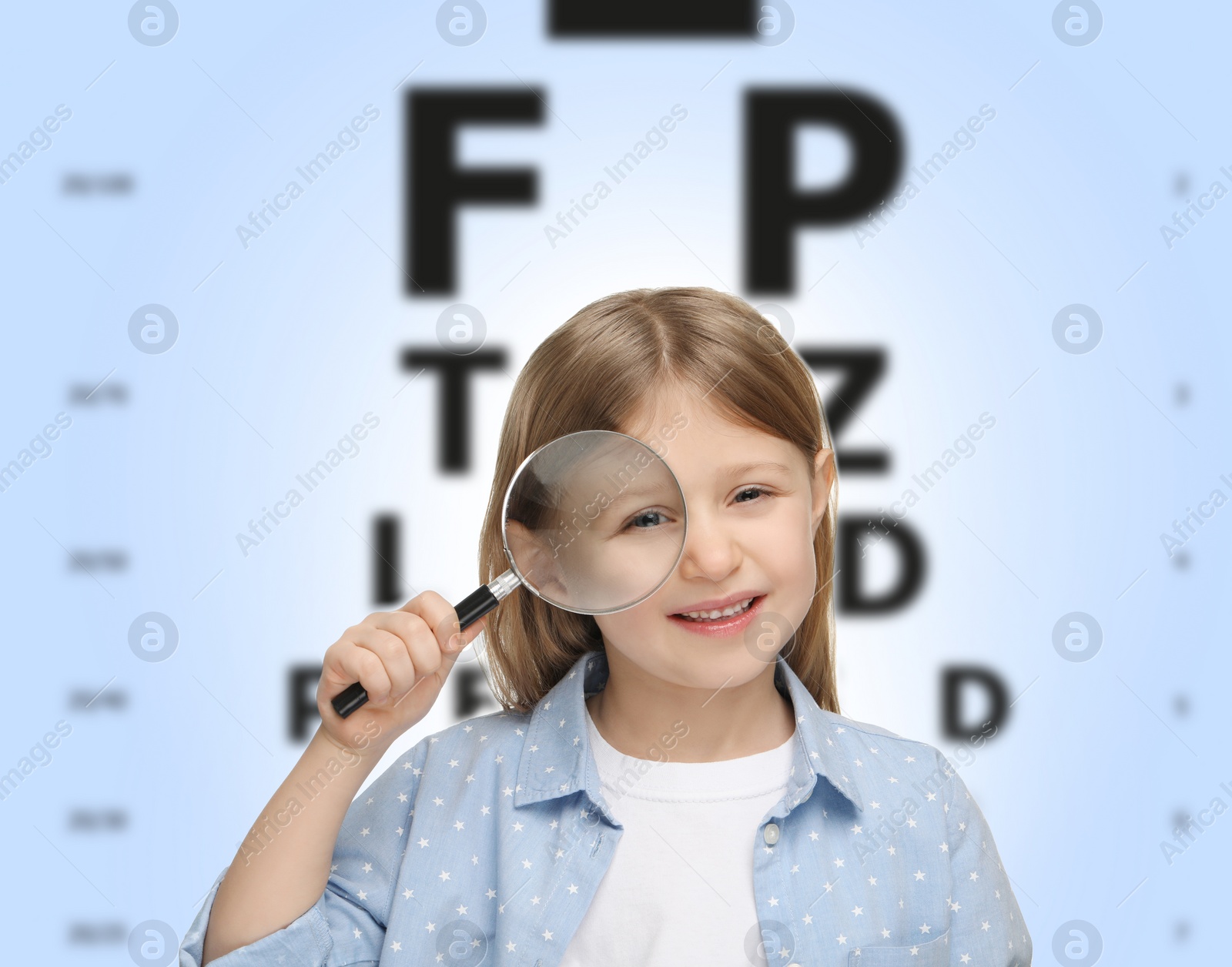 Image of Vision test. Little girl with magnifying glass and eye chart on gradient background