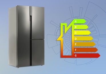Image of Energy efficiency rating label and refrigerator on light blue background