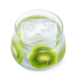 Photo of Glass of refreshing drink with kiwi on light background, closeup