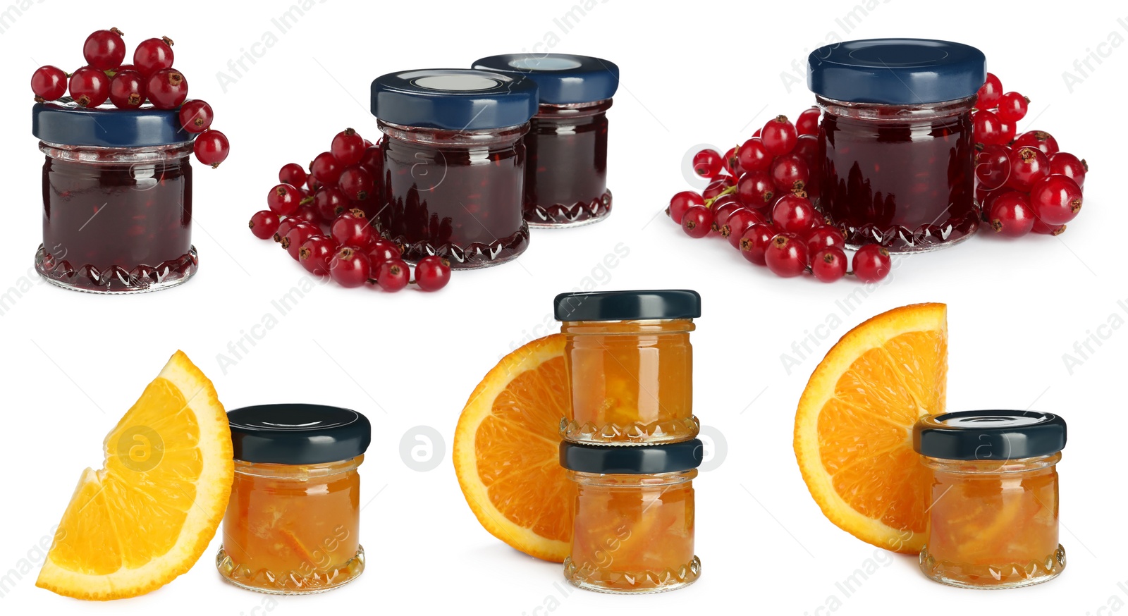 Image of Set with jars of different tasty jam on white background