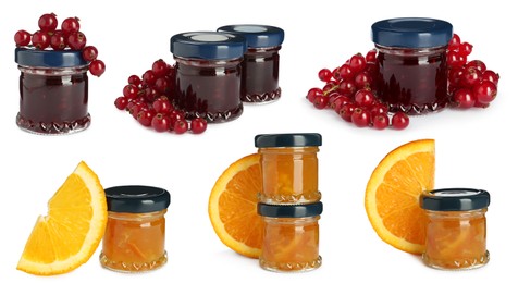 Image of Set with jars of different tasty jam on white background