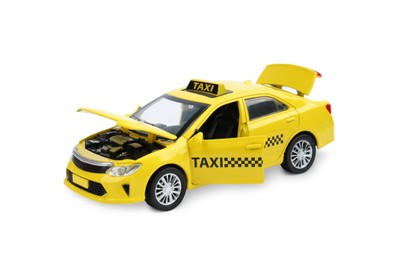 Photo of Yellow taxi car isolated on white. Children's toy