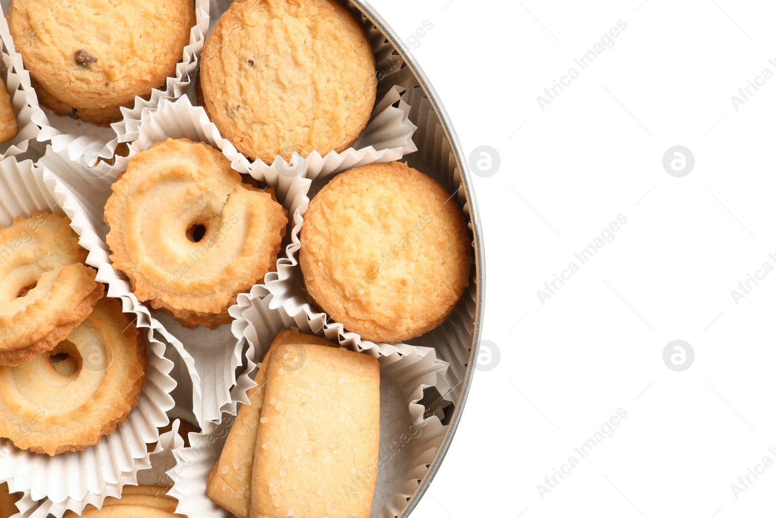 Photo of Box with Danish butter cookies on white background, top view