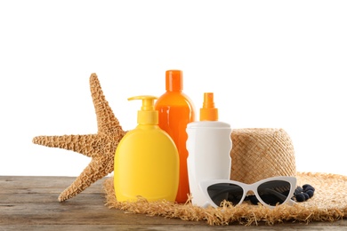 Photo of Composition with sun protection products on white background. Body care