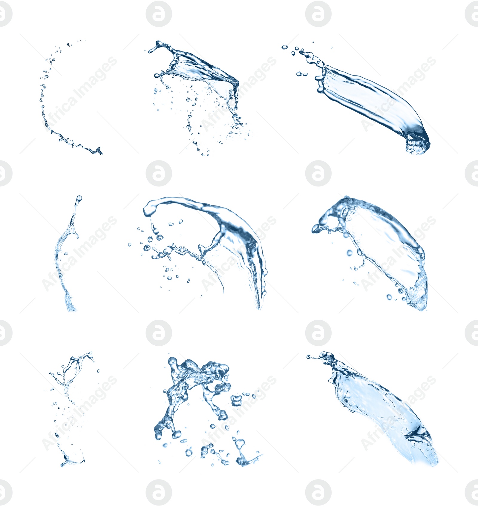 Image of Set with clear water splashes on white background