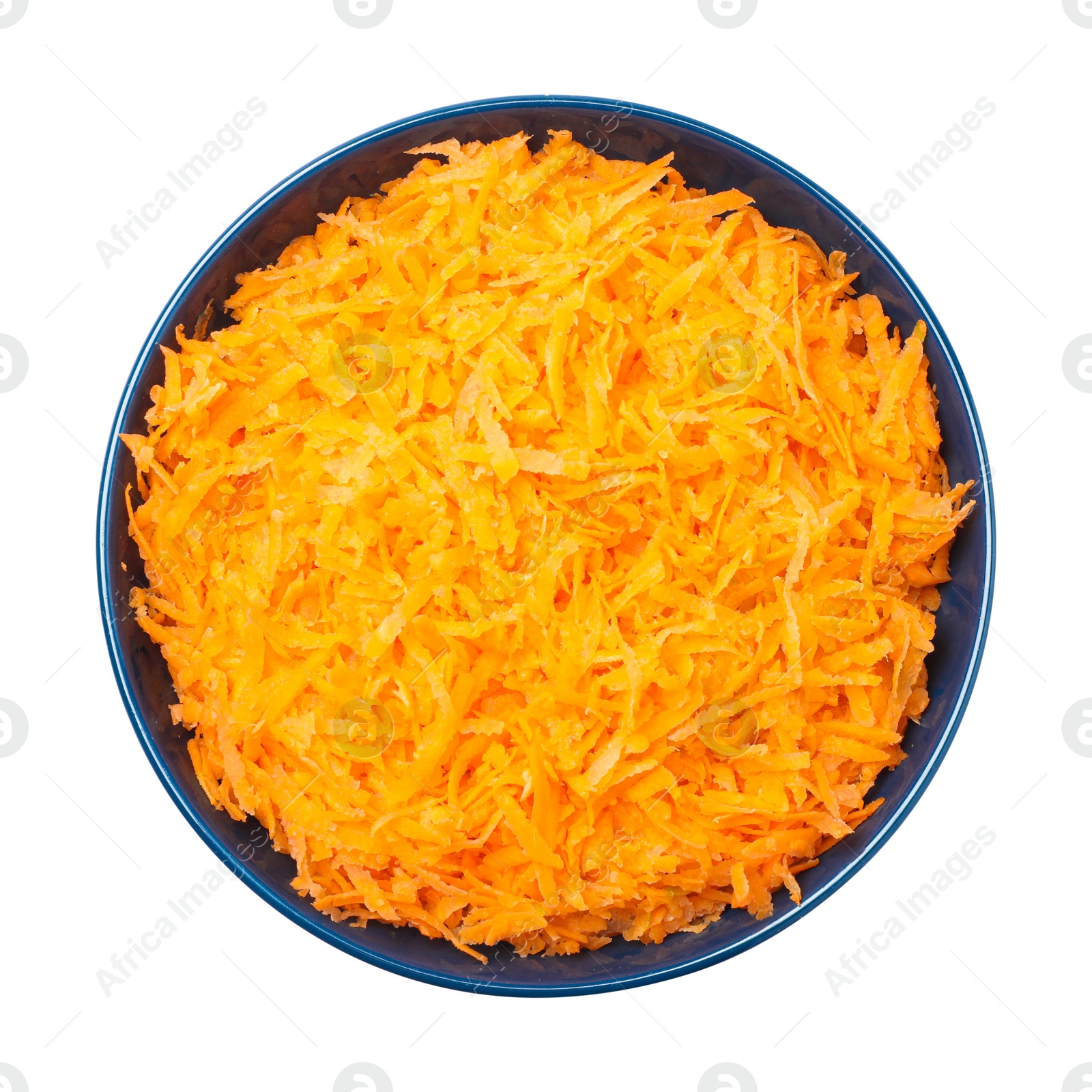 Photo of Fresh grated carrot in bowl isolated on white, top view