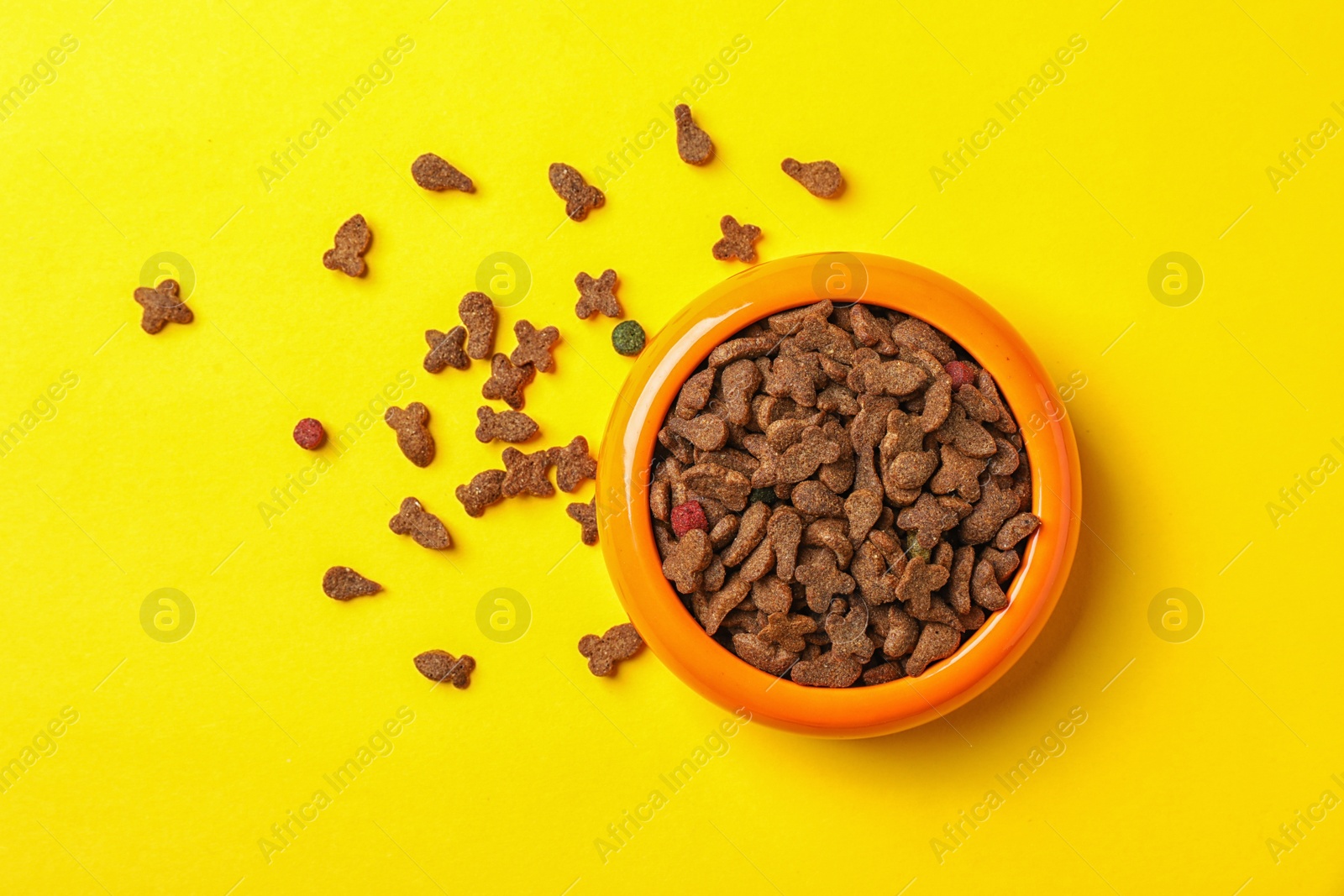 Photo of Bowl with food for cat or dog on color background. Pet care