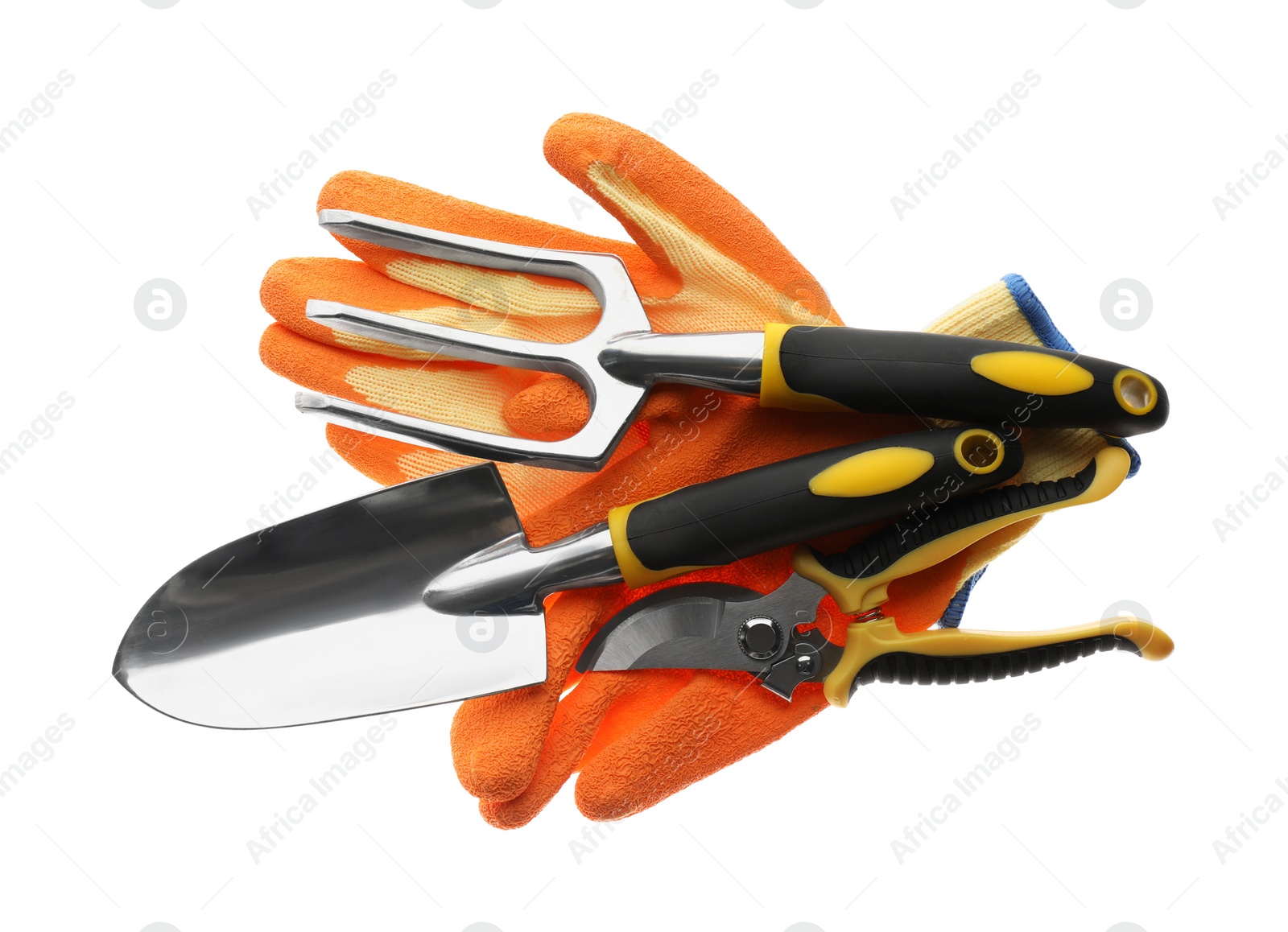 Photo of Different gardening tools on white background, top view