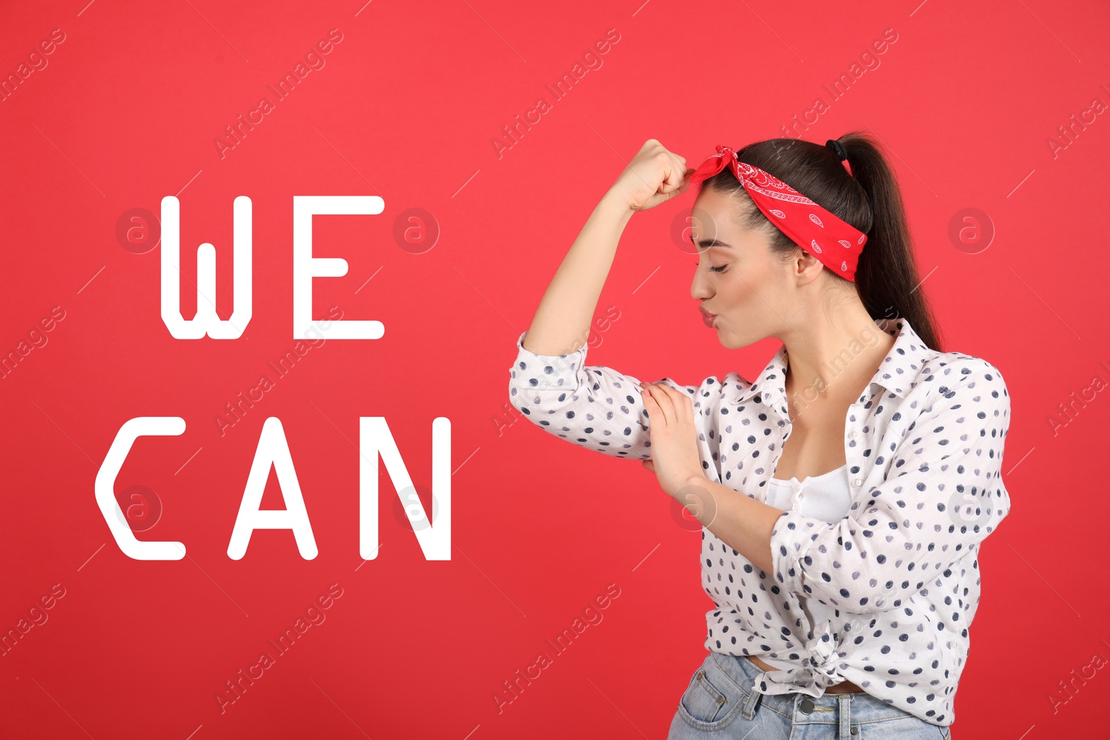 Image of 8 March greeting card. Phrase We Can and strong young woman as symbol of girl power on red background