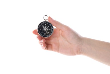 Photo of Woman holding compass on white background, closeup. Tourist equipment