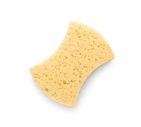 Photo of One yellow sponge isolated on white, top view