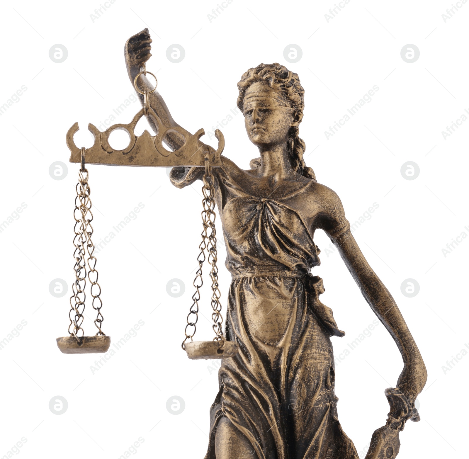 Photo of Statue of Lady Justice isolated on white. Symbol of fair treatment under law