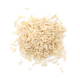 Photo of Pile of raw unpolished rice on white background, top view