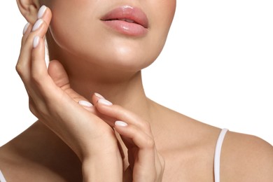 Woman with healthy skin on white background, closeup