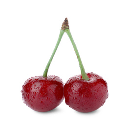 Photo of Sweet red juicy cherries with water drops isolated on white