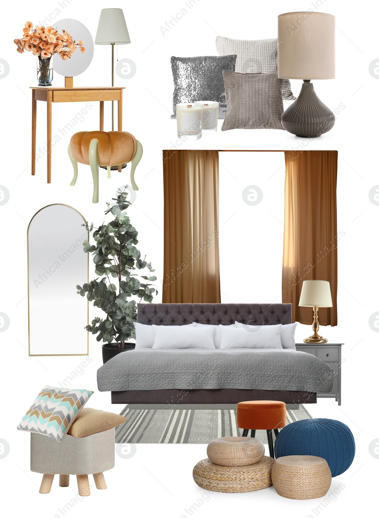 Image of Stylish bedroom interior with different decorative elements and furniture on white background. Mood board collage