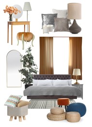 Image of Stylish bedroom interior with different decorative elements and furniture on white background. Mood board collage