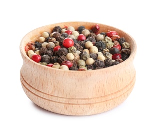 Photo of Bowl of mixed peppercorns isolated on white