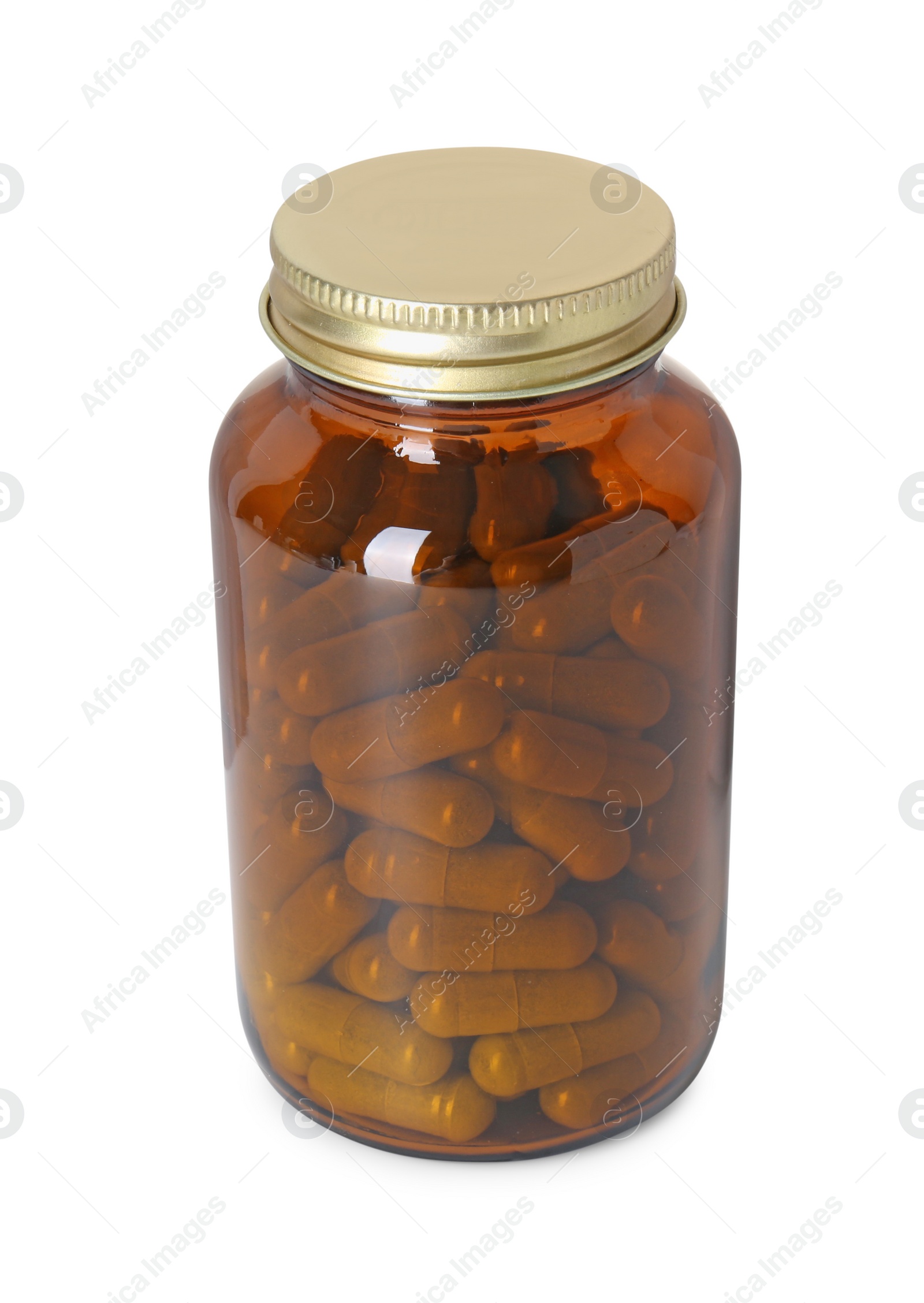 Photo of Vitamin pills in bottle isolated on white