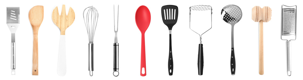 Image of Set with different cooking utensils on white background, banner design 