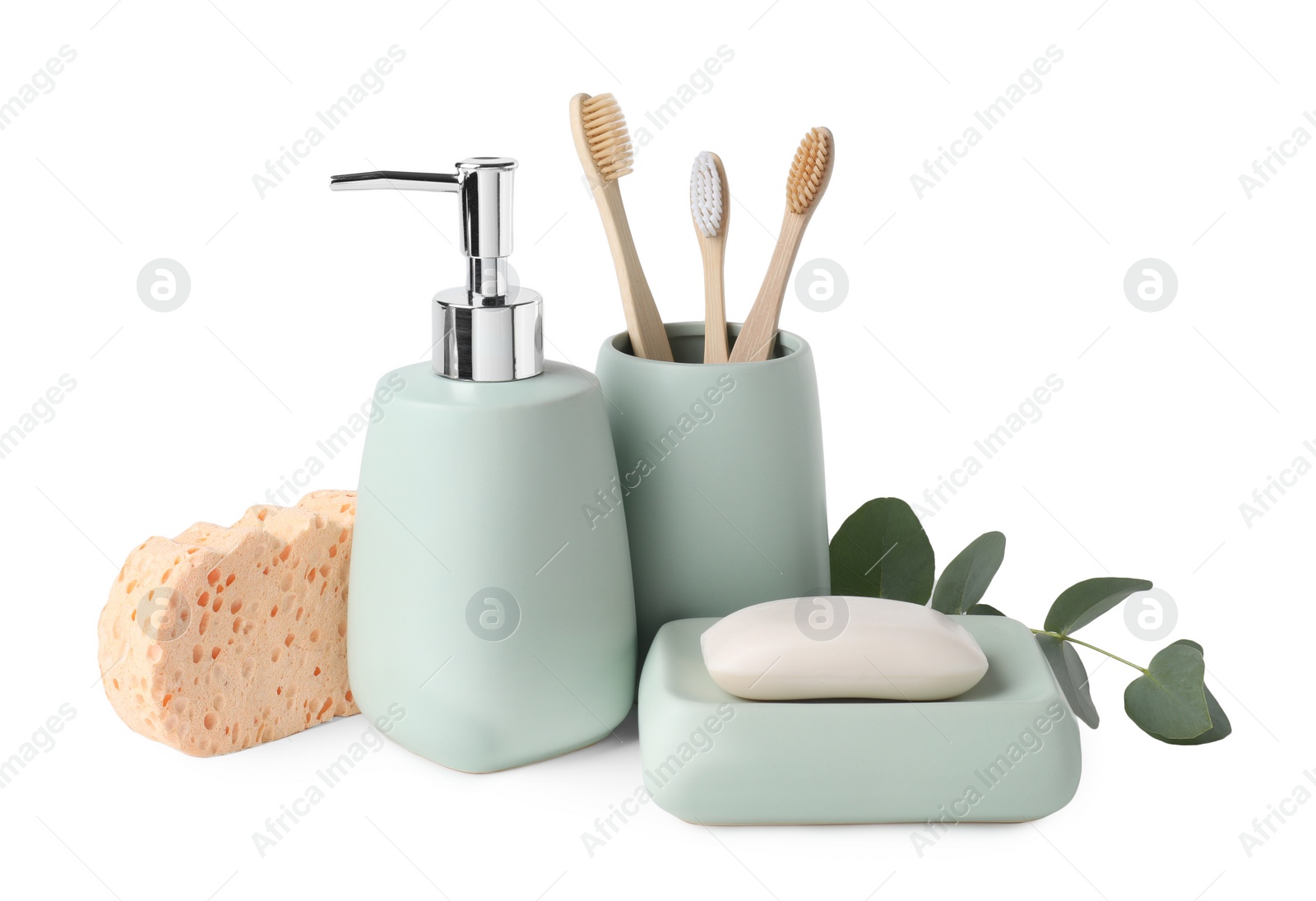 Photo of Bath accessories. Different personal care products and eucalyptus branch isolated on white