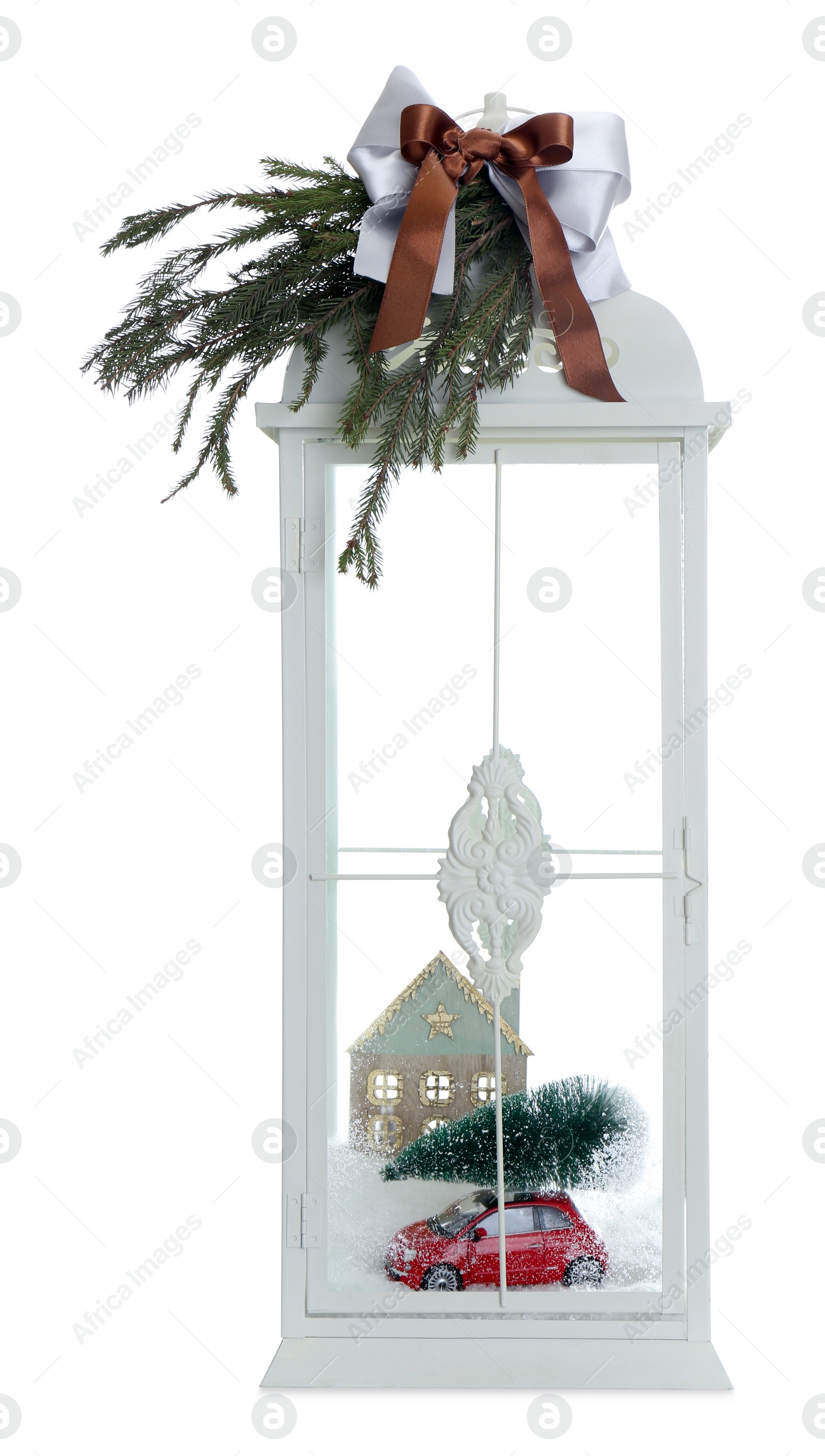 Photo of Beautiful Christmas lantern with festive composition isolated on white
