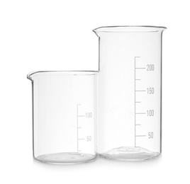 Empty beakers on white background. Laboratory glassware