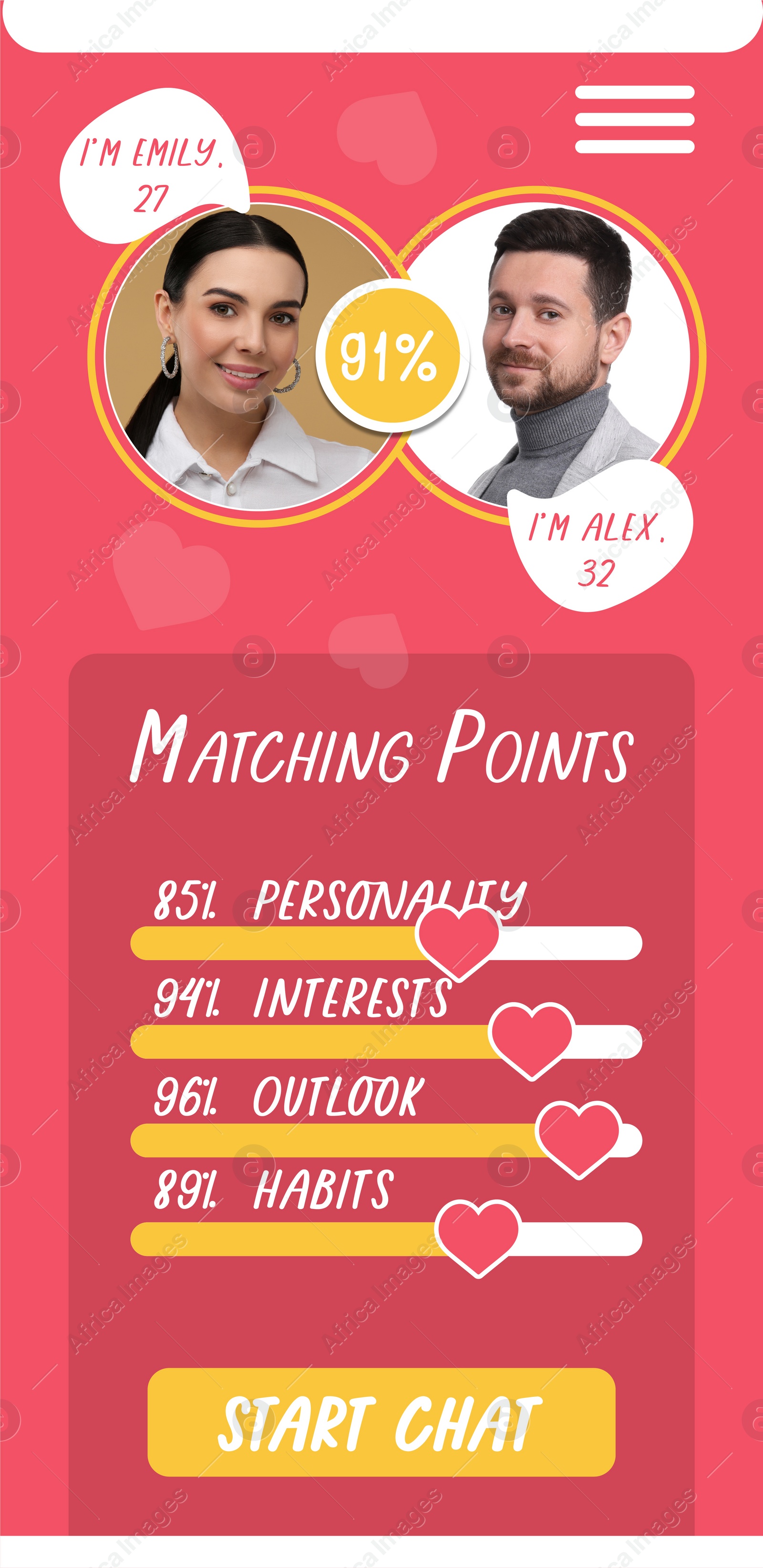 Image of Soulmate match. Dating site interface with photos of possible pair and data