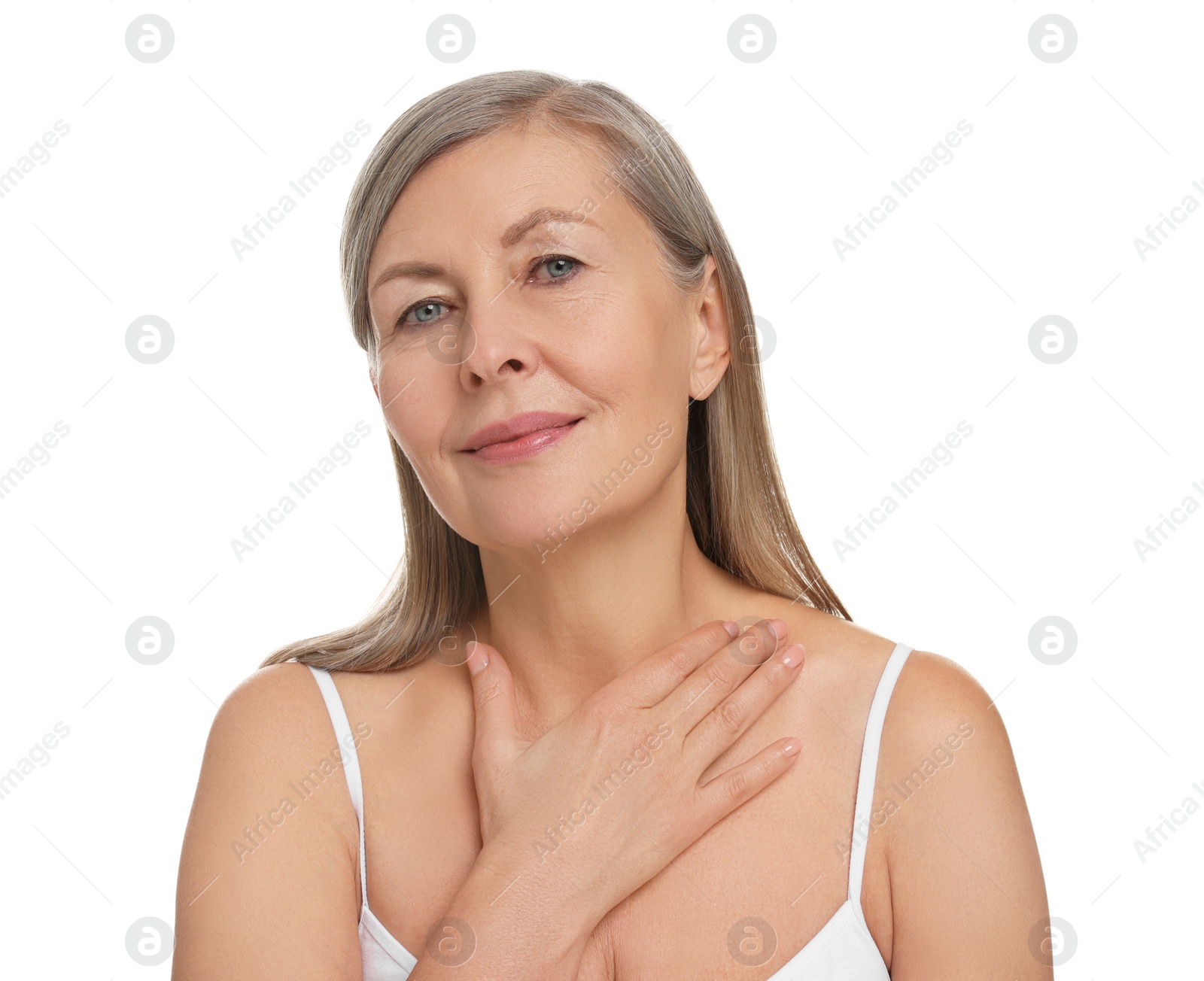 Photo of Beautiful woman touching her neck on white background