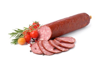 Delicious cut smoked sausage, tomatoes, rosemary and pepper isolated on white