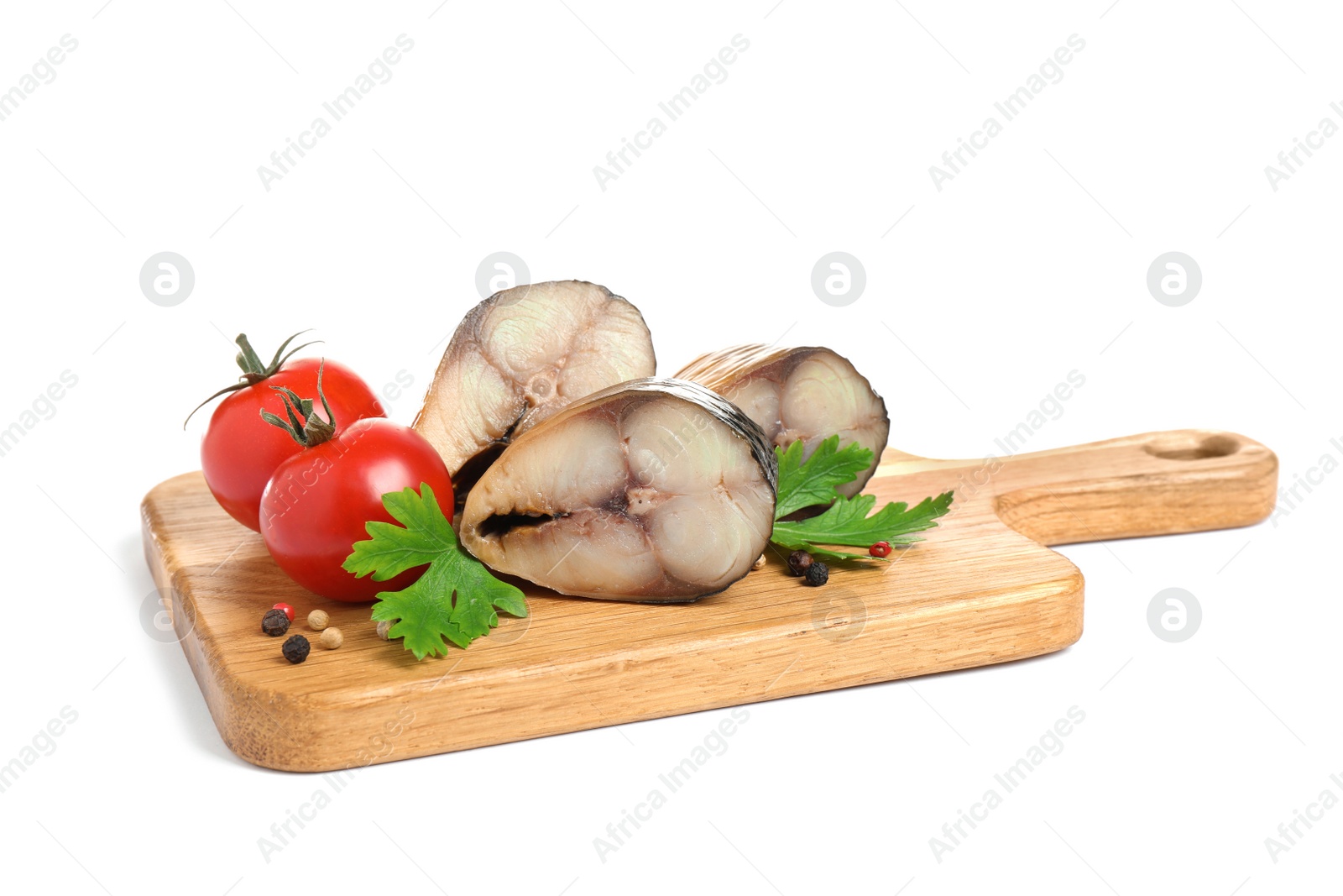 Photo of Wooden board with tasty smoked fish isolated on white