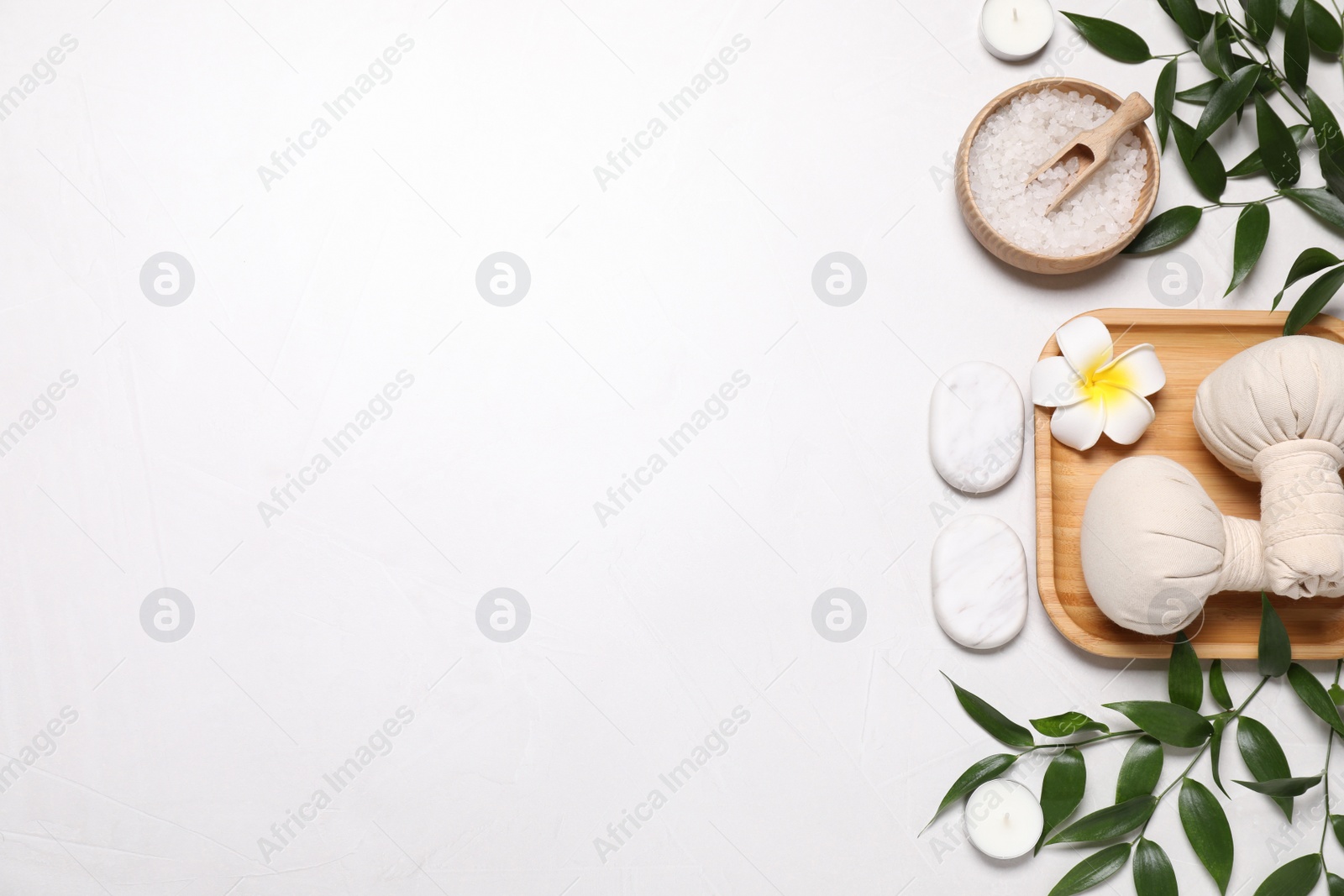 Photo of Flat lay composition with spa products on white table. Space for text