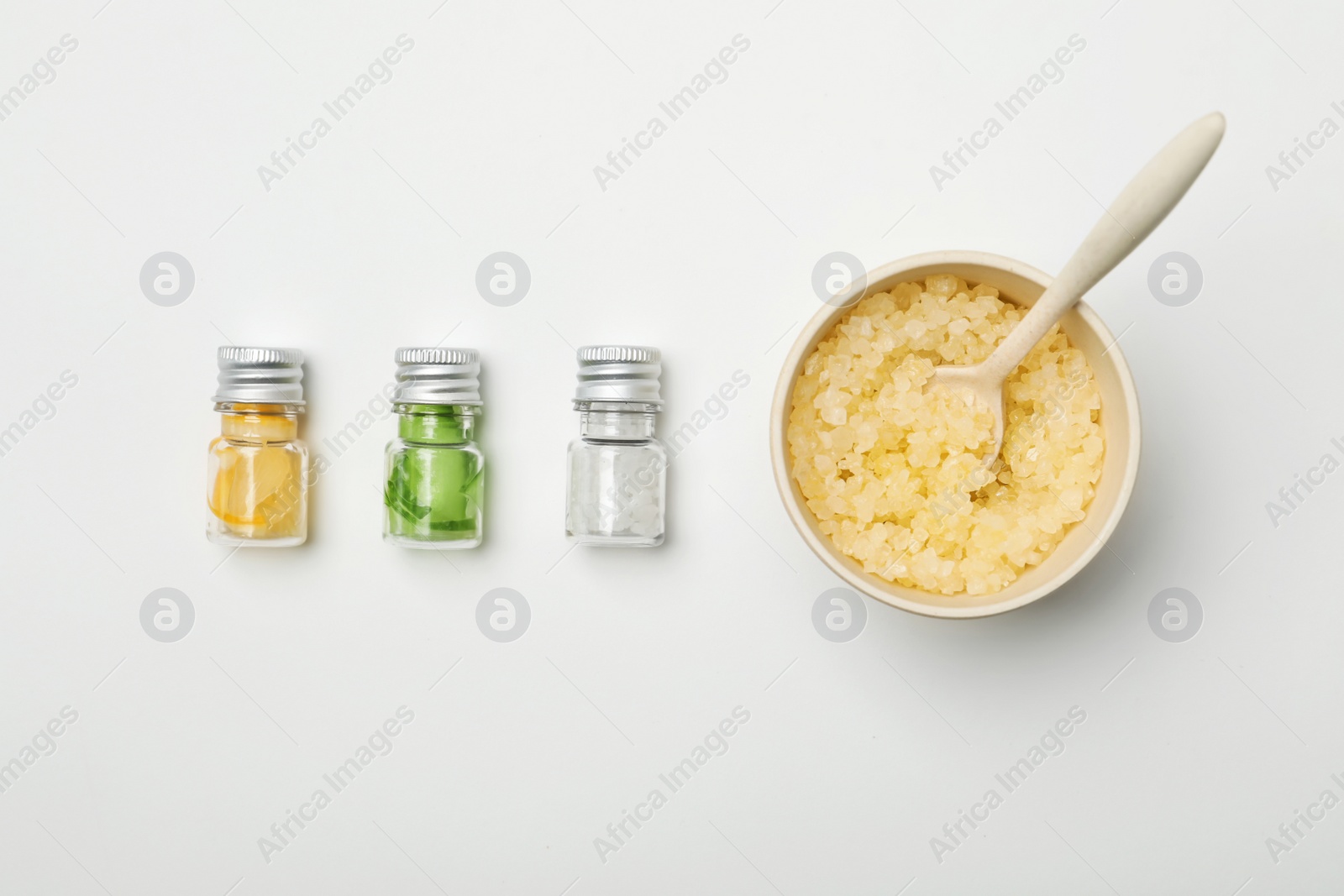 Photo of Homemade effective acne remedy and ingredients on white background